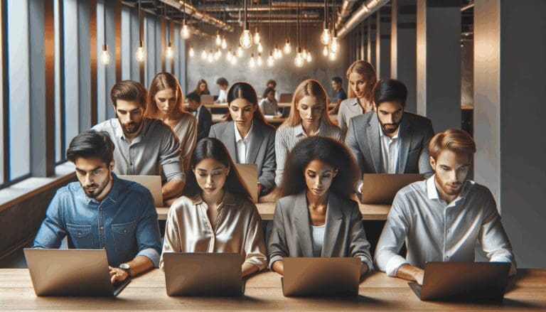 Equipo joven trabajando en laptops en un espacio de coworking moderno con fondo iluminado.