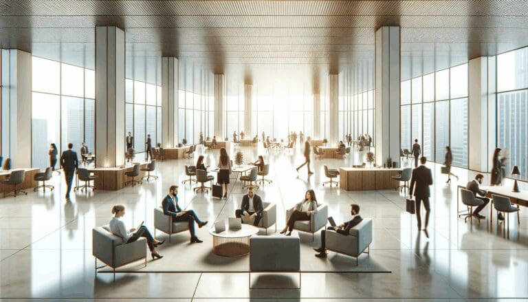 Espacios amplios y modernos con emprendedores colaborando en áreas abiertas y zonas de relax.