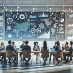 Sala de reuniones moderna con emprendedores discutiendo gráficos de datos en pantallas digitales.