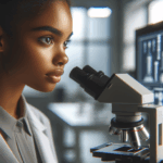 Primer plano de una joven científica observando equipos tecnológicos en un laboratorio moderno y luminoso.