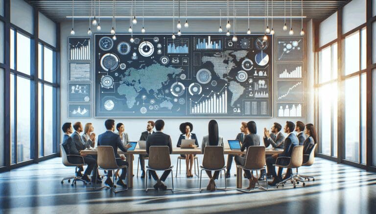 Sala de reuniones moderna con emprendedores discutiendo gráficos de datos en pantallas digitales.