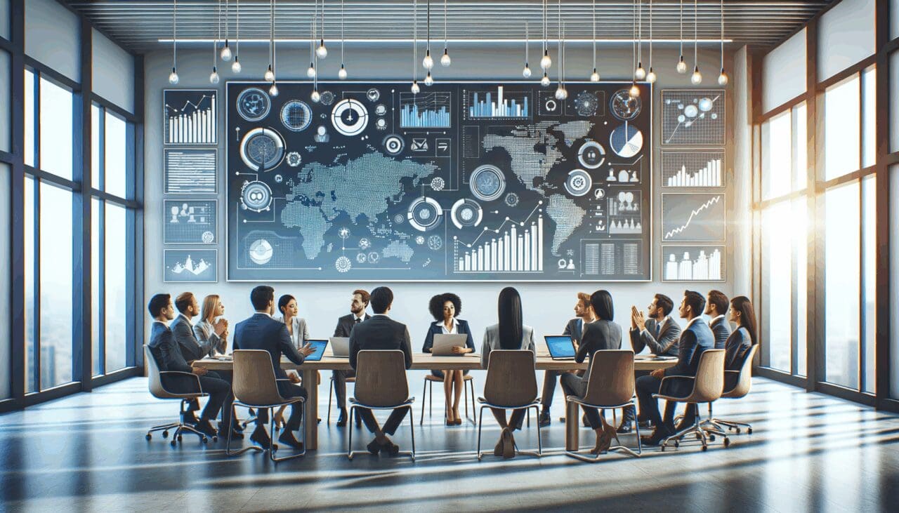 Sala de reuniones moderna con emprendedores discutiendo gráficos de datos en pantallas digitales.