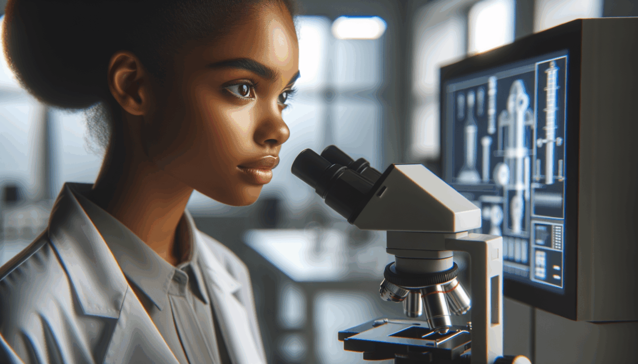 Primer plano de una joven científica observando equipos tecnológicos en un laboratorio moderno y luminoso.