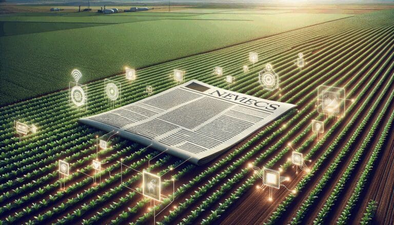 Campo agrícola visto desde arriba, con equipos modernos y sensores tecnológicos entre los cultivos.