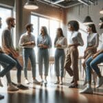 Personas jóvenes conversando en un espacio de coworking moderno y luminoso.