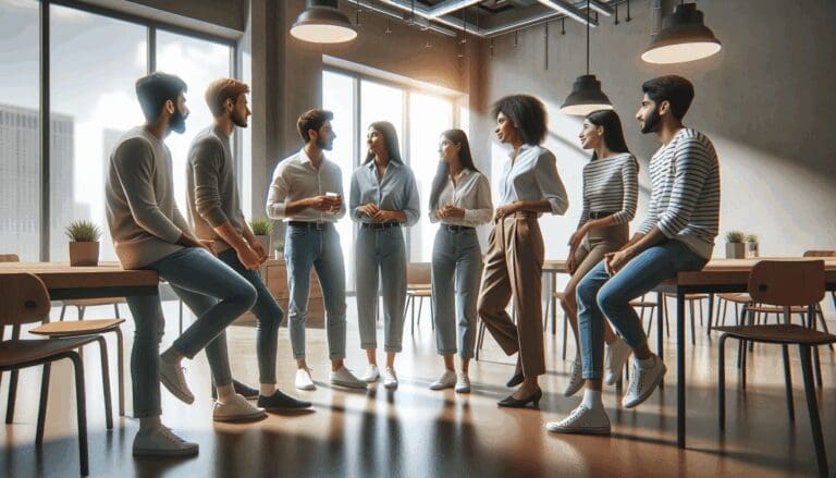 Personas jóvenes conversando en un espacio de coworking moderno y luminoso.
