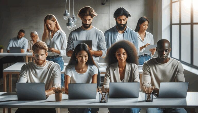 Fotografía de un grupo diverso de emprendedores trabajando en laptops en un espacio moderno de coworking.