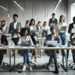 Oficina moderna con jóvenes emprendedores trabajando en laptops, ambiente tecnológico y colaborativo.