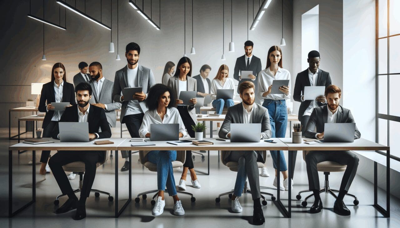 Oficina moderna con jóvenes emprendedores trabajando en laptops, ambiente tecnológico y colaborativo.