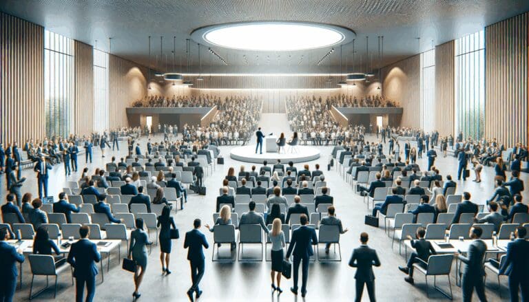 Salón de conferencias moderno lleno de emprendedores, ponentes y networking en acción.