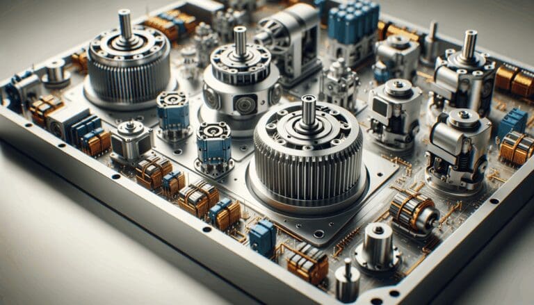 Primer plano de componentes eléctricos y motores innovadores sobre una mesa de trabajo en un entorno tecnológico.