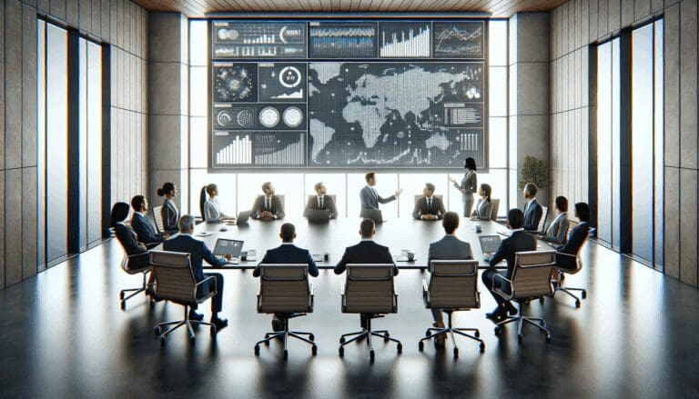 Sala de juntas moderna con ejecutivos discutiendo estrategias frente a pantallas con datos.