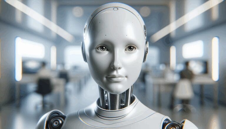 Primer plano de un robot humanoide de piel sintética en un entorno tecnológico moderno, con fondo difuminado.