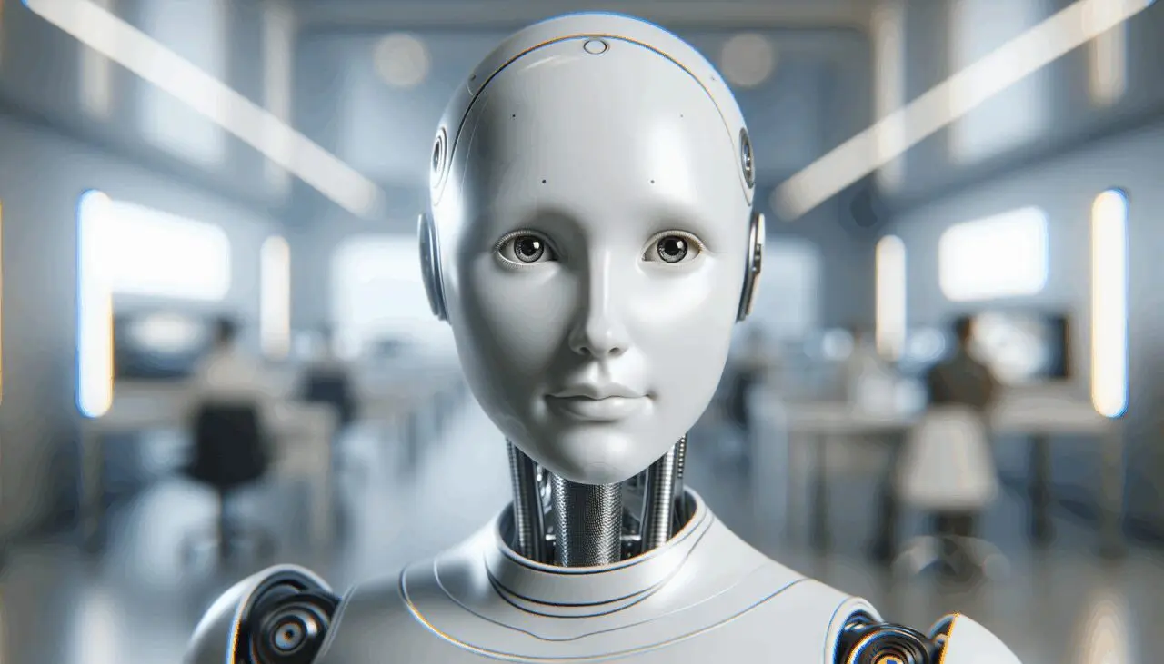 Primer plano de un robot humanoide de piel sintética en un entorno tecnológico moderno, con fondo difuminado.