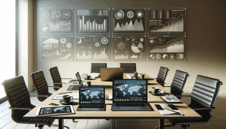 Mesa de trabajo con laptops, café y tabletas mostrando gráficos de tecnología financiera, ambiente colaborativo y moderno.