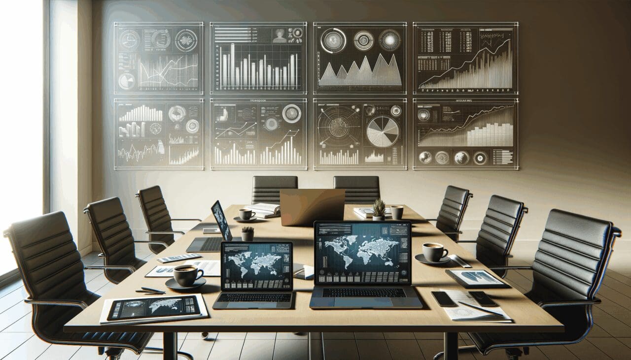 Mesa de trabajo con laptops, café y tabletas mostrando gráficos de tecnología financiera, ambiente colaborativo y moderno.