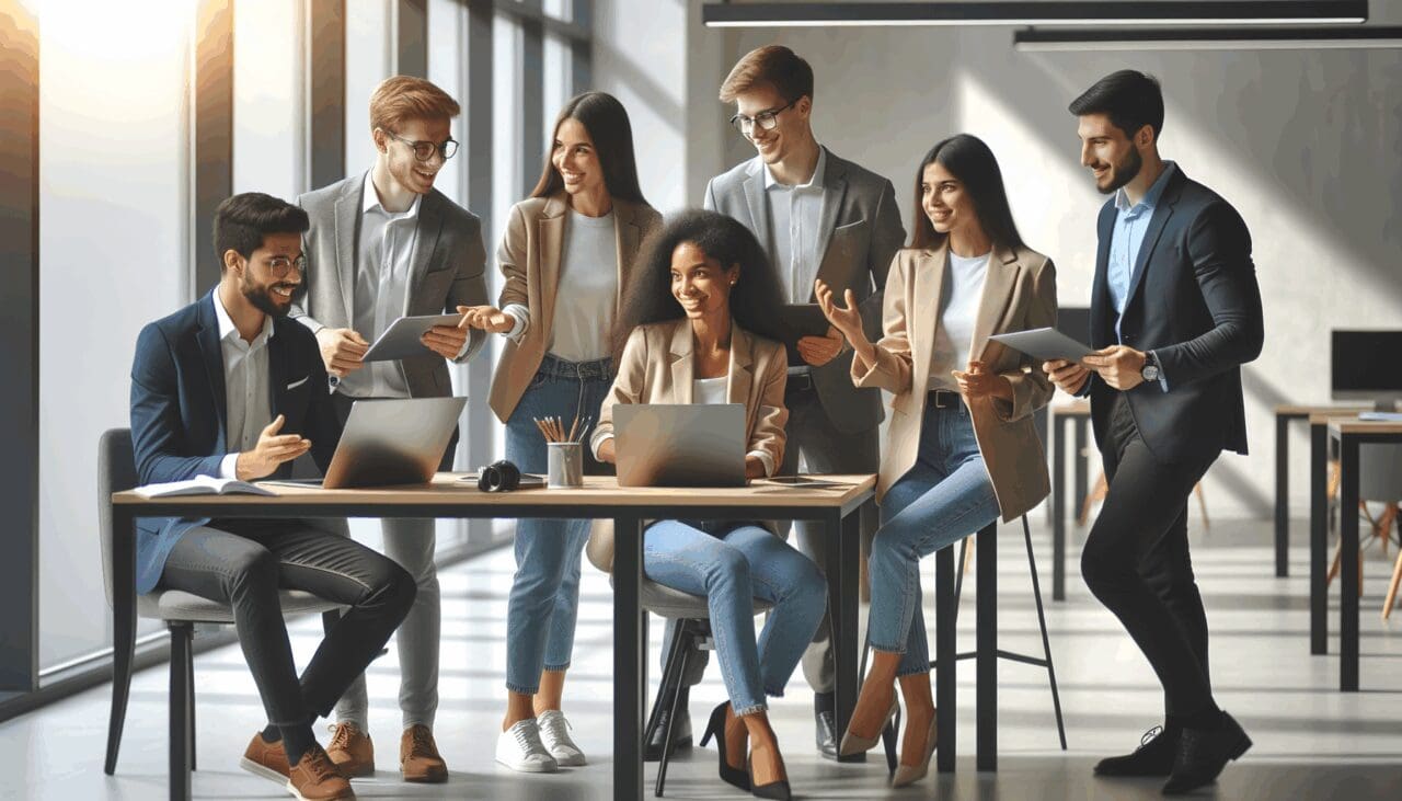 Jóvenes emprendedores colaborando en un espacio de oficinas moderno y luminoso, con ambiente tecnológico.