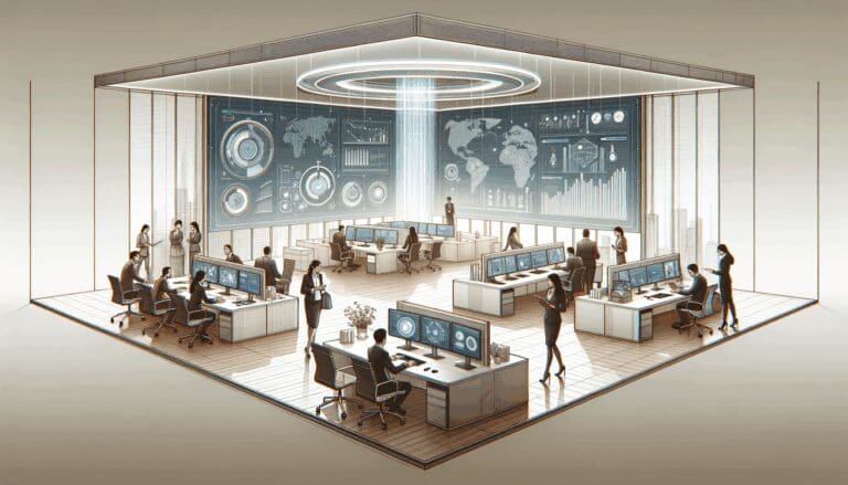 Equipo de emprendedores colaborando en oficina moderna con pantallas de datos y gráficos digitales.