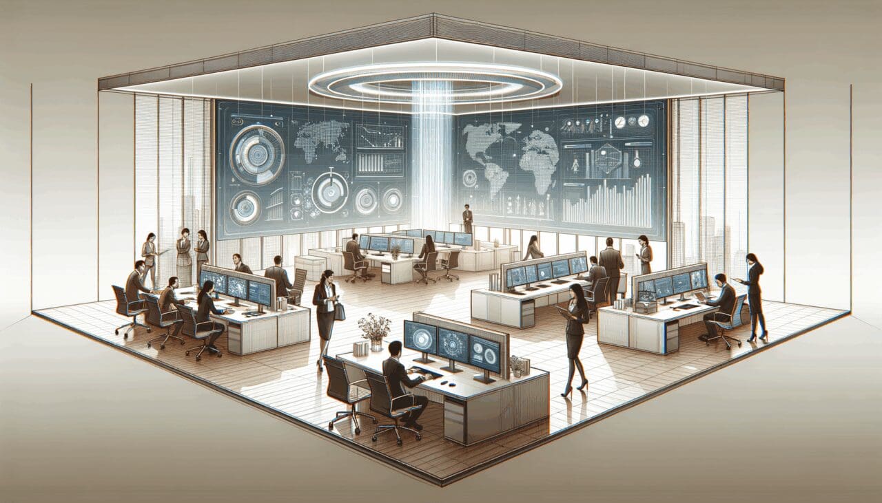 Equipo de emprendedores colaborando en oficina moderna con pantallas de datos y gráficos digitales.