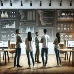 Equipo diverso de desarrolladores analizando datos frente a pantallas con gráficos de software y código en un espacio de coworking moderno.