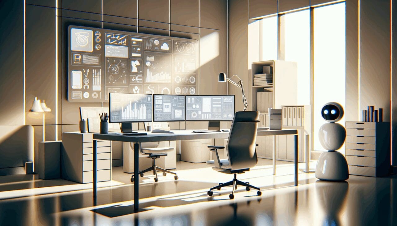 Ilustración minimalista de una oficina moderna con pantallas mostrando gráficos y asistentes virtuales.