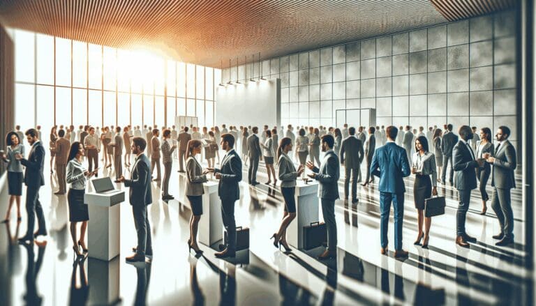 Escena vibrante de un evento tecnológico con emprendedores interactuando y presentando ideas en un salón moderno.