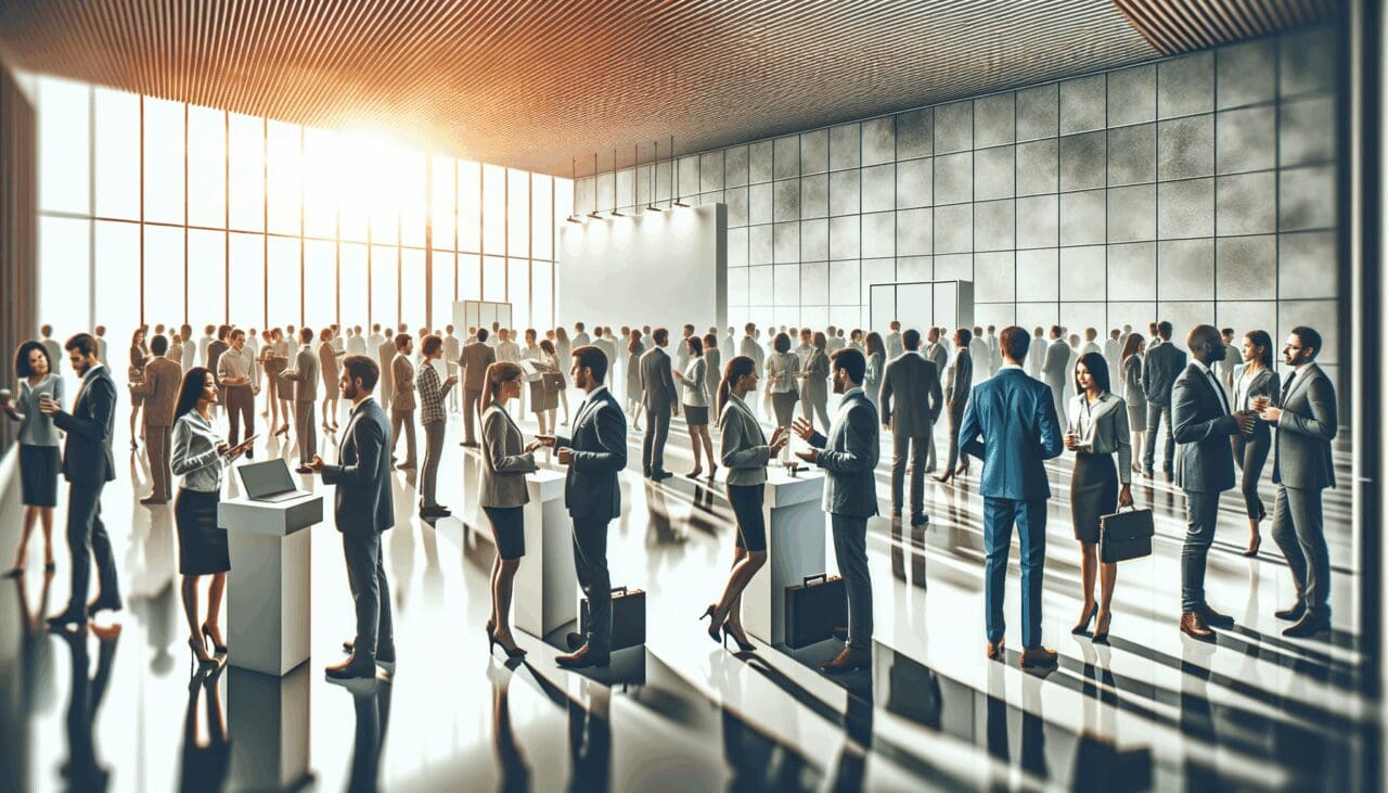 Escena vibrante de un evento tecnológico con emprendedores interactuando y presentando ideas en un salón moderno.