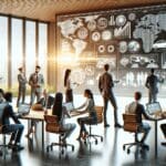 Equipo de emprendedores analizando datos en una sala moderna con pantallas de tecnología y elementos de movilidad sostenible.