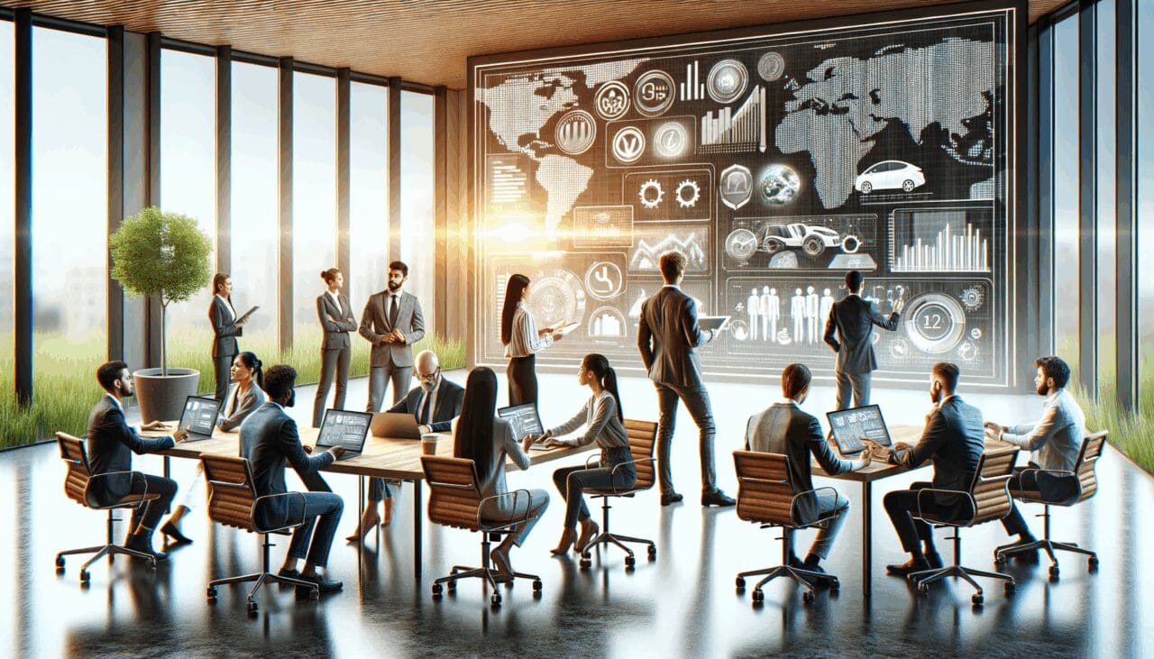 Equipo de emprendedores analizando datos en una sala moderna con pantallas de tecnología y elementos de movilidad sostenible.