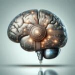 Primer plano estilizado de un implante cerebral conectado a circuitos digitales en fondo neutro y futurista.