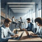 Una oficina moderna con jóvenes trabajando en computadoras portátiles en un ambiente dinámico y tecnológico.