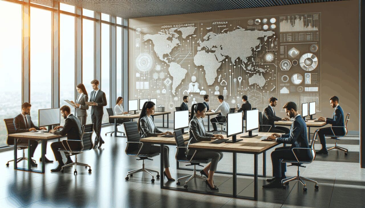 Oficina tecnológica moderna con un equipo internacional desarrollando software de inteligencia artificial.