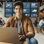 Joven emprendedor latinoamericano usando una laptop en un espacio moderno de coworking, rodeado de pantallas digitales.