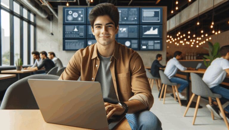Joven emprendedor latinoamericano usando una laptop en un espacio moderno de coworking, rodeado de pantallas digitales.