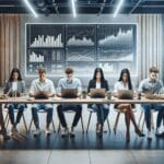 Personas jóvenes usando laptops alrededor de una mesa, con gráficos financieros al fondo, en un entorno moderno y luminoso.