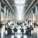 Espacio moderno con emprendedores colaborando en un evento tecnológico industrial de gran escala.