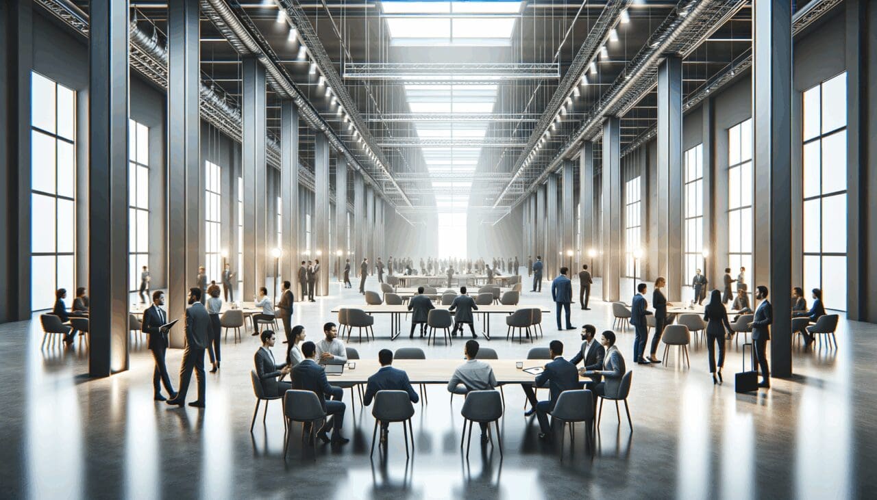 Espacio moderno con emprendedores colaborando en un evento tecnológico industrial de gran escala.