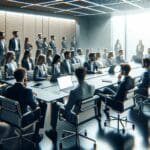 Sala de conferencias moderna con jóvenes emprendedores atentos a una presentación tecnológica.