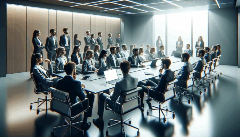 Sala de conferencias moderna con jóvenes emprendedores atentos a una presentación tecnológica.