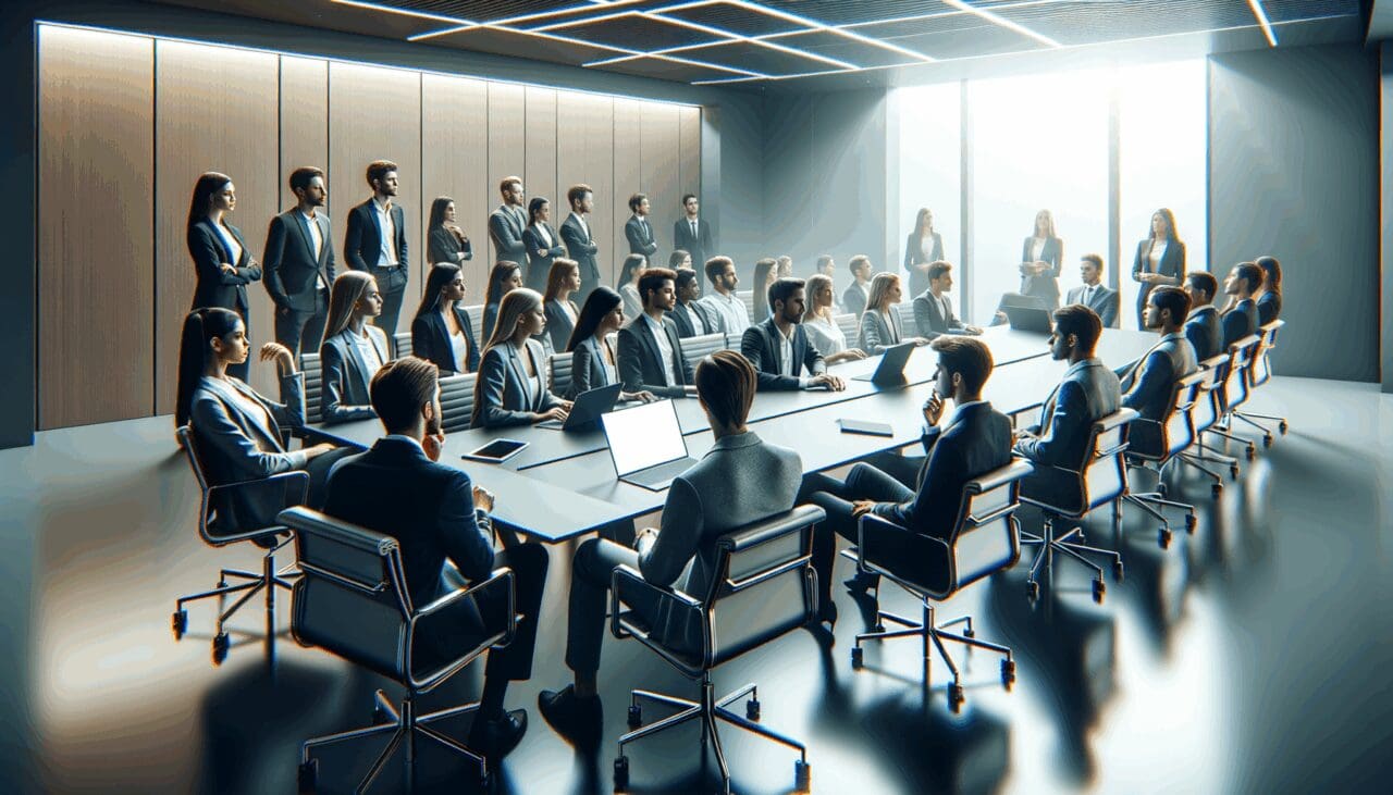 Sala de conferencias moderna con jóvenes emprendedores atentos a una presentación tecnológica.