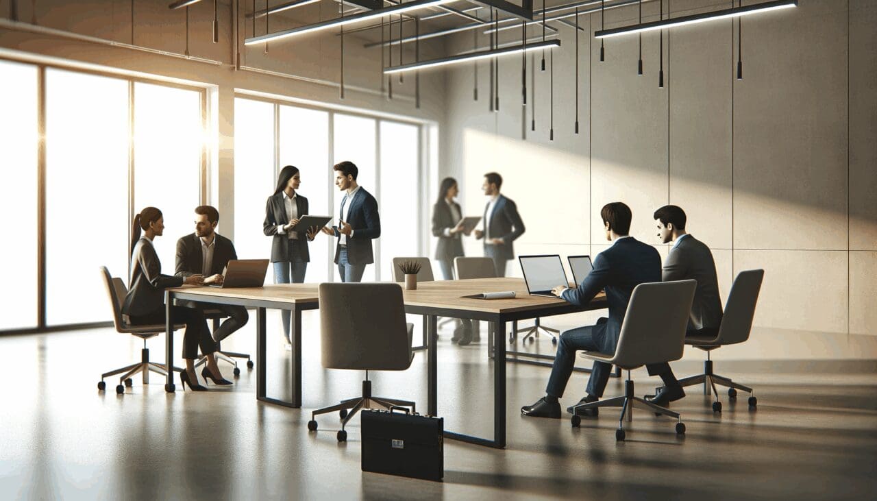 Mesa de trabajo en una oficina moderna con computadoras portátiles y emprendedores colaborando.