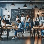 Personas jóvenes colaborando en un espacio moderno de coworking, rodeados de computadoras y pizarras.