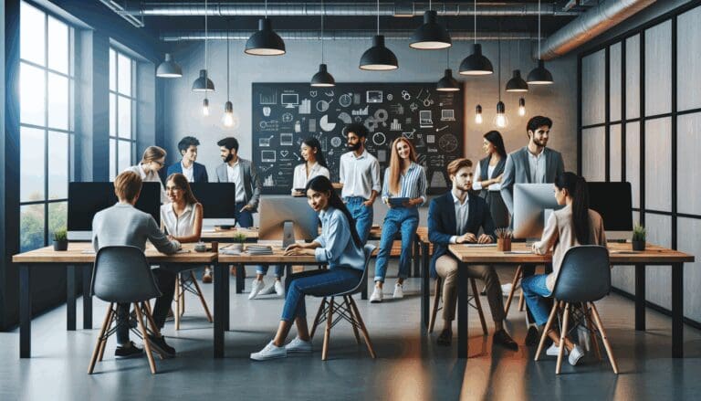 Personas jóvenes colaborando en un espacio moderno de coworking, rodeados de computadoras y pizarras.