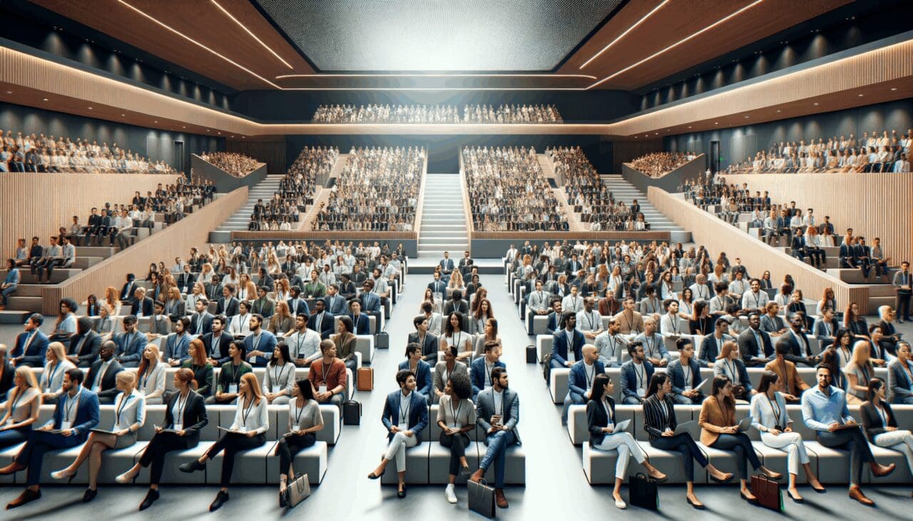 Auditorio moderno lleno de emprendedores y líderes tecnológicos durante una conferencia internacional.