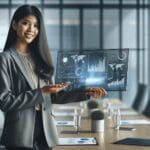 Ejecutivo presentando datos financieros en una sala moderna de reuniones, ambiente tecnológico.