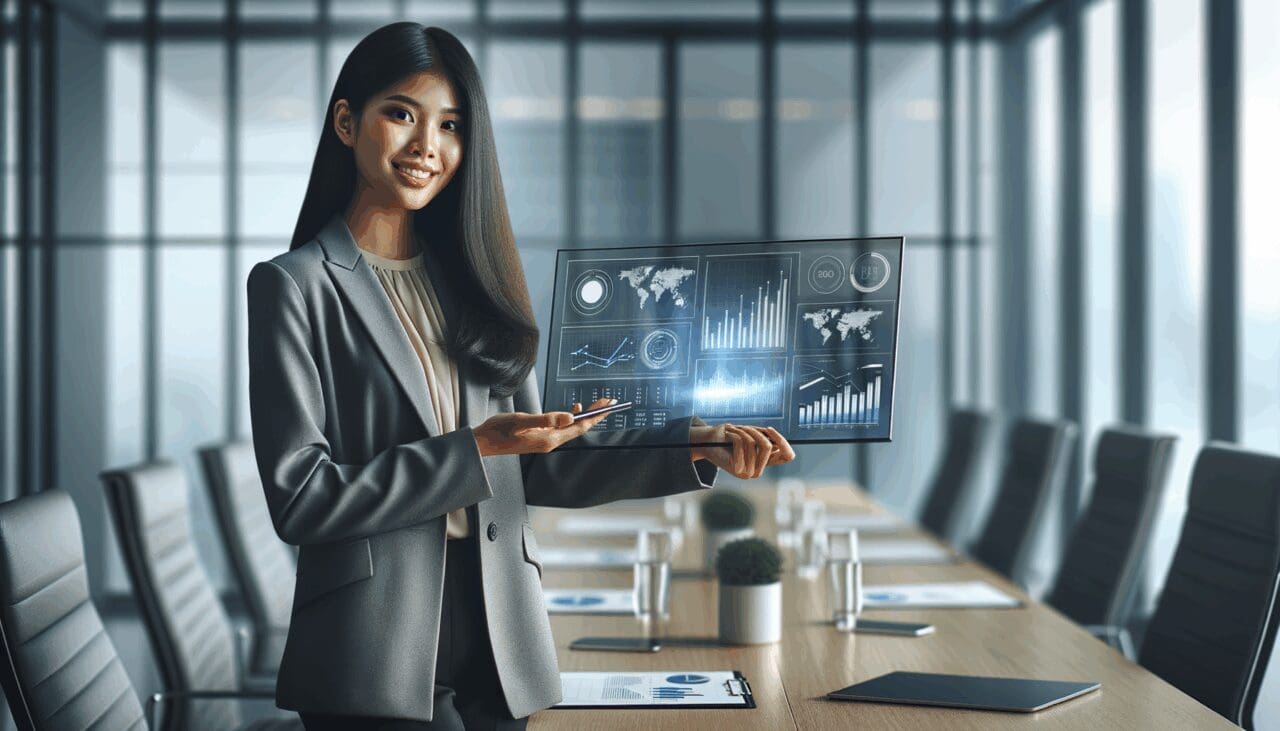 Ejecutivo presentando datos financieros en una sala moderna de reuniones, ambiente tecnológico.
