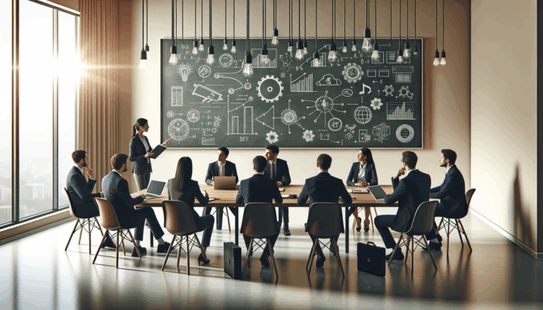 Grupo de emprendedores conversando en una sala moderna con pizarras y laptops, ambiente colaborativo mostrando tecnología e innovación.