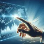 Primer plano de una mano tocando una pantalla que muestra gráficos bursátiles digitales sobre fondo azul.