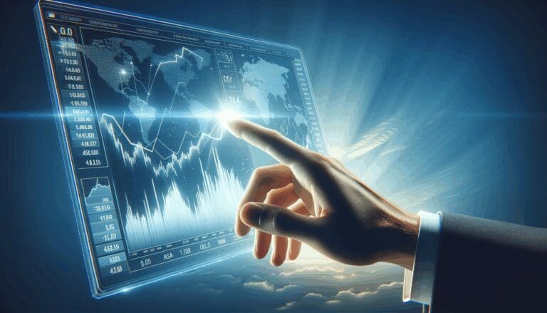 Primer plano de una mano tocando una pantalla que muestra gráficos bursátiles digitales sobre fondo azul.