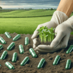 Primer plano de cápsulas biodegradables sobre suelo fértil, manos sembrando, fondo de campo verde.